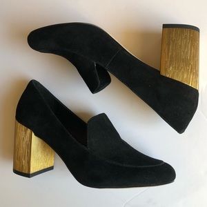 NEW Splendid black suede loafer chunky gold metal heel never worn